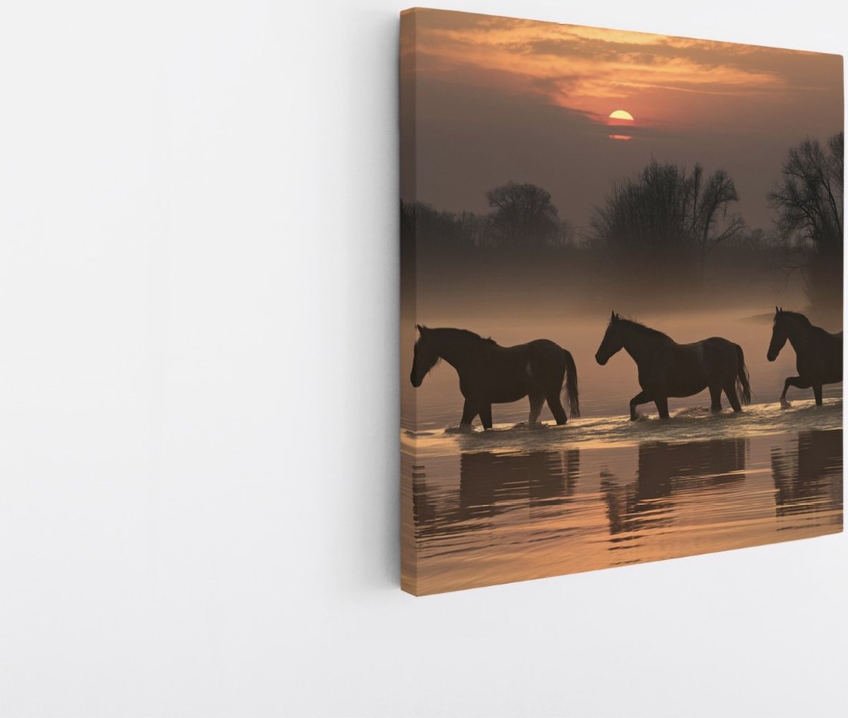 Saammp Canvas Schilderij - Paarden in het water met zonsondergang - Natuur - Dieren - 100x100 - Foto op canvas - Wanddecoratie - Muurdecoratie Woonkamer - Slaapkamer decoratie - Canvas Print Multicolor