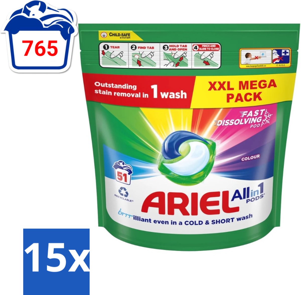 15 x Ariel Color - Wasmiddelcapsules - All-in-1 Pods - Gekleurde Was - 51 Wasbeurten - Wasmiddelcapsules - Kleurbescherming - Wasbeurten - Vlekverwijdering - Koudewas