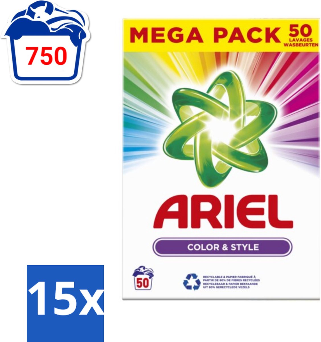 15 x Ariel Color & Style - Waspoeder - Gekleurde Was - 50 Wasbeurten - Kleurverzorging - Waspoeder - Wasmachine - Energiebesparing - Frisheid