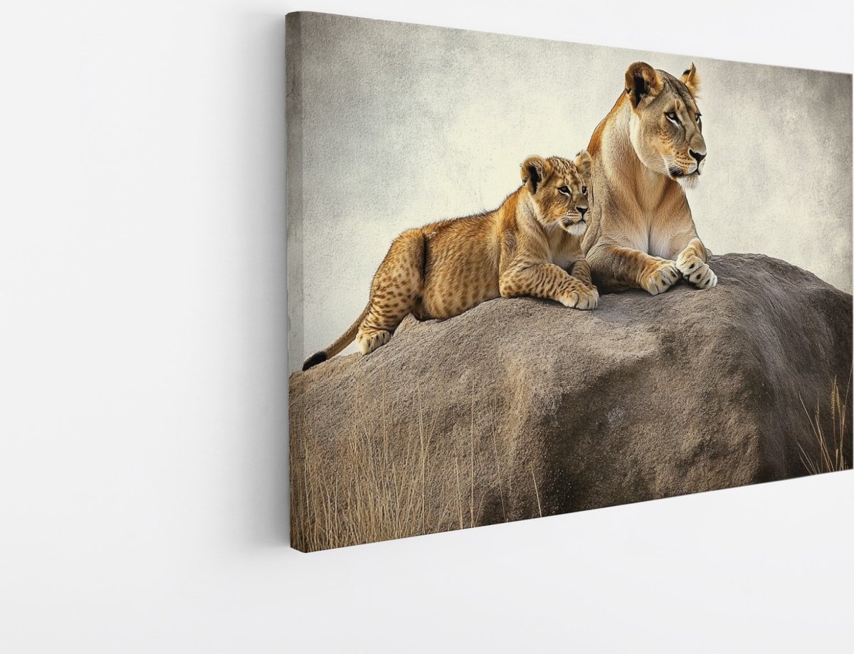 Saammp Canvas Schilderij - Leeuw met welp op steen - Dieren - Natuur - 150x100 - Foto op canvas - Wanddecoratie - Muurdecoratie Woonkamer - Slaapkamer decoratie - Canvas Print Multicolor