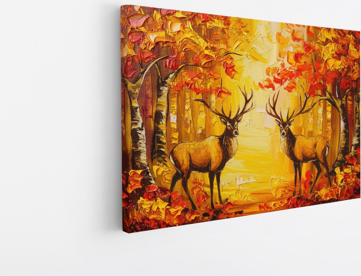Saammp Canvas Schilderij - Hert - Olieverf - Abstract - Natuur - Dieren - 30x20 - Foto op canvas - Wanddecoratie - Muurdecoratie Woonkamer - Slaapkamer decoratie - Canvas Print Multicolor