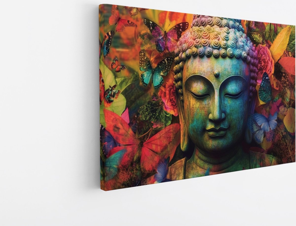 Saammp Canvas Schilderij - Boeddha met vlinders - Abstract - 90x60 - Foto op canvas - Wanddecoratie - Muurdecoratie Woonkamer - Canvas schilderijen Multicolor