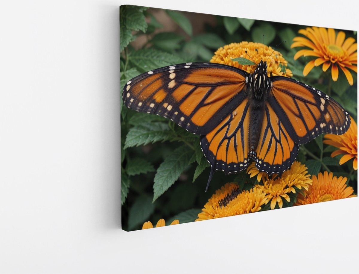 Saammp Canvas Schilderij - Oranje Vlinder op bloem - Natuur - Dieren - 90x60 - Foto op canvas - Wanddecoratie - Muurdecoratie Woonkamer - Slaapkamer decoratie - Canvas Print Multicolor