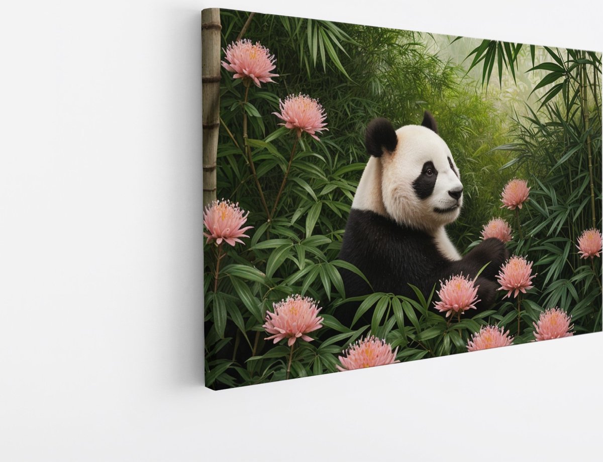 Saammp Canvas Schilderij - Panda tussen de roze bloemen - Natuur - Dieren - 50x40 - Foto op canvas - Wanddecoratie - Muurdecoratie Woonkamer - Slaapkamer decoratie - Canvas Print Multicolor