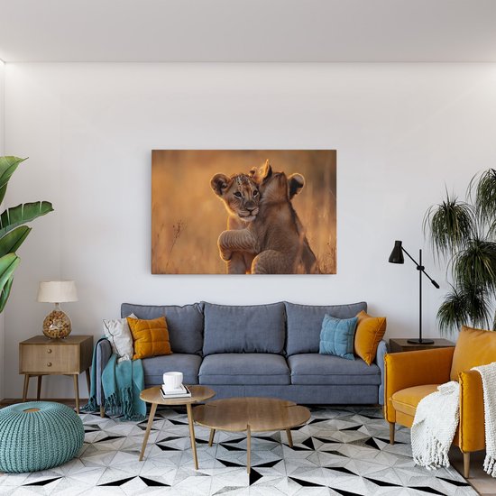 Saammp Canvas Schilderij - Leeuwenwelpen - Dieren - Natuur - 50x40 - Foto op canvas - Wanddecoratie - Muurdecoratie Woonkamer - Slaapkamer decoratie - Canvas Print