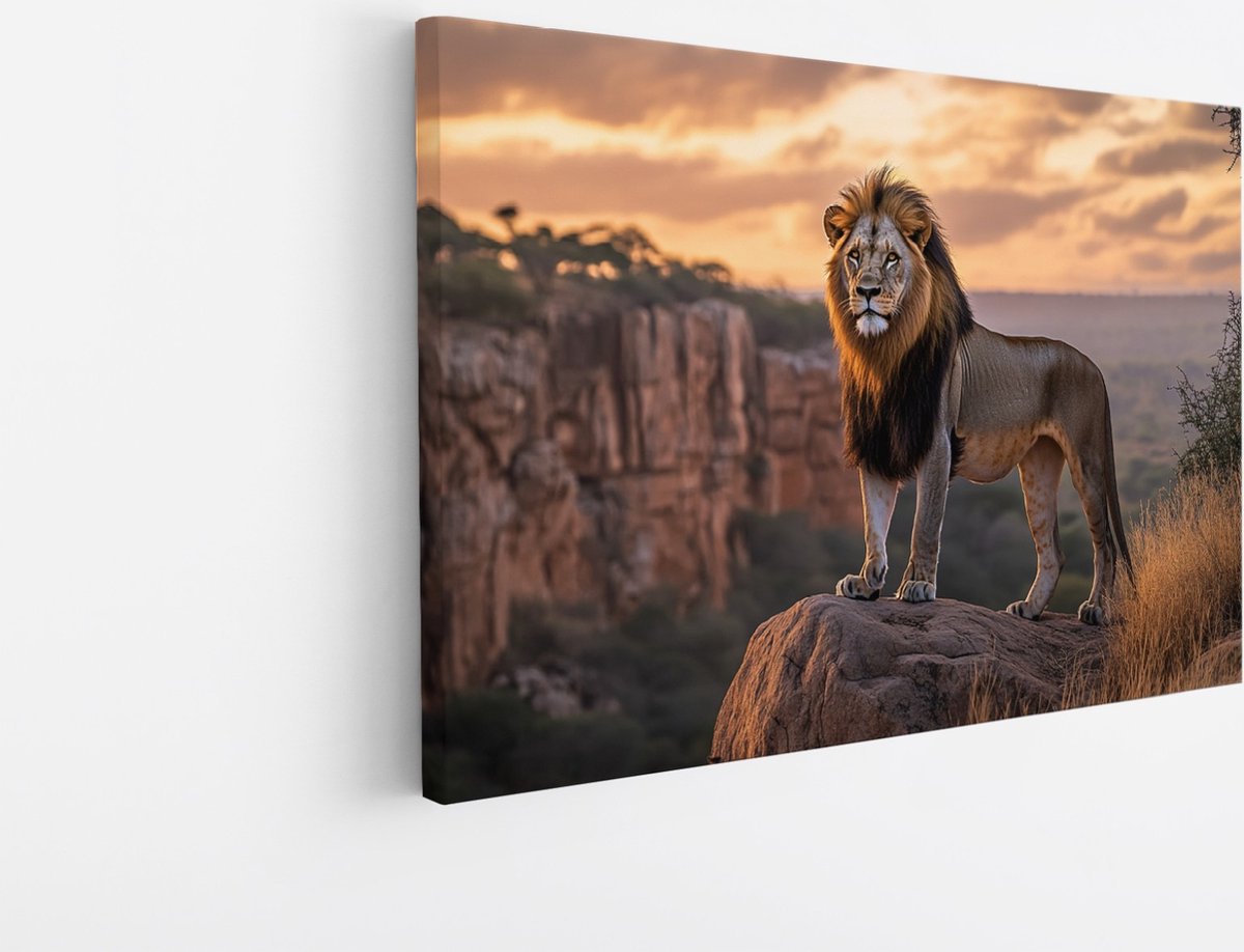 Saammp Canvas Schilderij - Leeuw op uitstekede rots - Dieren - Abstract - 100x75 - Foto op canvas - Wanddecoratie - Muurdecoratie Woonkamer - Slaapkamer decoratie - Canvas Print Multicolor