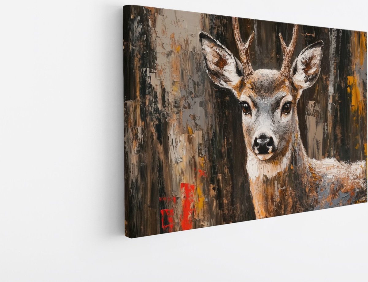 Saammp Canvas Schilderij - Abstract hert - Penseelstreken - Natuur - Dieren - 60x40 - Foto op canvas - Wanddecoratie - Muurdecoratie Woonkamer - Slaapkamer decoratie - Canvas Print Multicolor