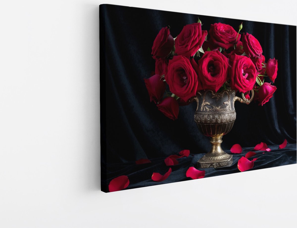 Saammp Canvas Schilderij - Rode Rozen in vaas - Natuur - Bloemen - 40x30 - Foto op canvas - Wanddecoratie - Muurdecoratie Woonkamer - Kantoor Decoratie Multicolor