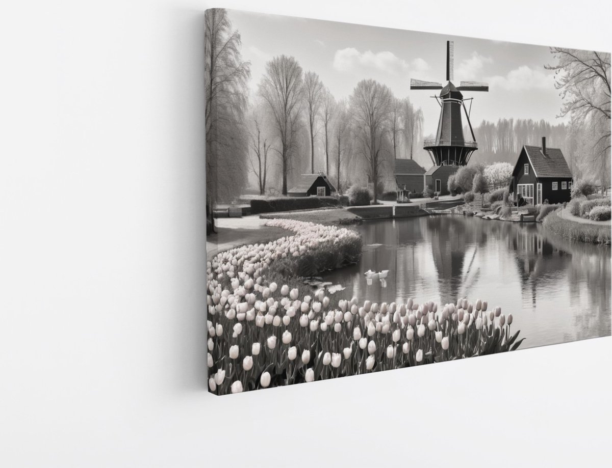 Saammp Canvas Schilderij - Landschap - Molen - Zwart-Wit - Natuur - 70x50 - Foto op canvas - Wanddecoratie - Muurdecoratie Woonkamer - Slaapkamer decoratie - Canvas Print Multicolor