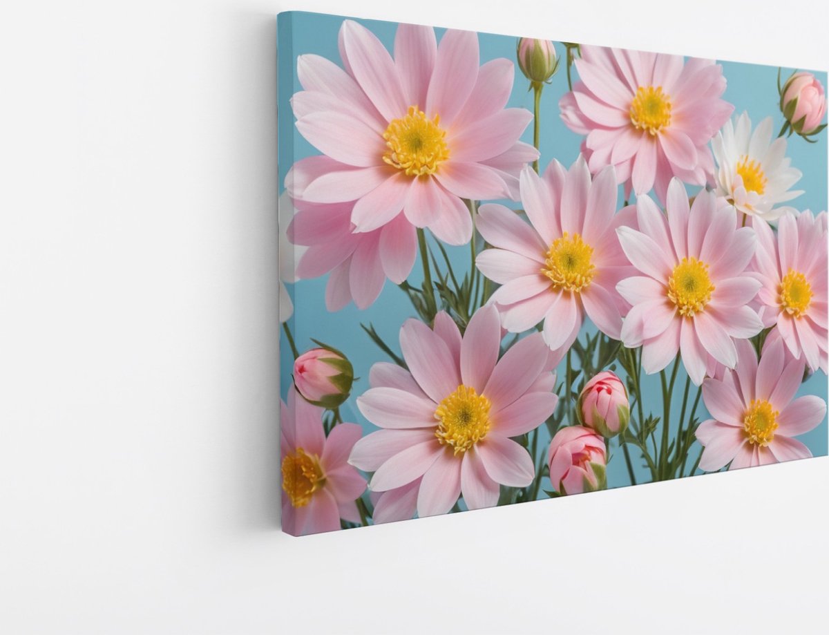 Saammp Canvas Schilderij - Roze - Blauw - Bloemen - Abstract - 60x40 - Foto op canvas - Wanddecoratie - Muurdecoratie Woonkamer - Kantoor Decoratie Multicolor