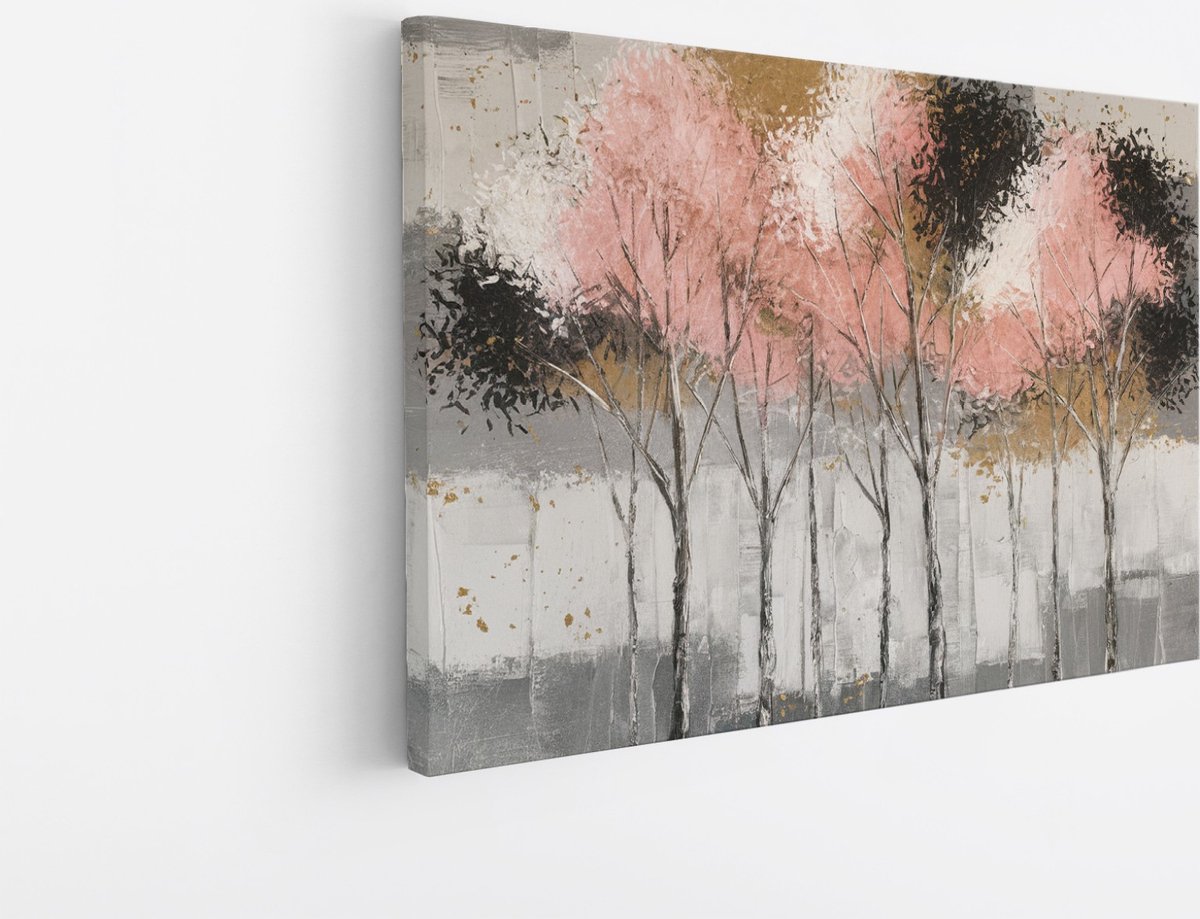 Saammp Canvas Schilderij - Bomen - Roze -Goud - Zwart - Bloemen - Landschap - Natuur - 60x40 - Foto op canvas - Wanddecoratie - Muurdecoratie Woonkamer - Slaapkamer decoratie - Canvas Print Multicolor