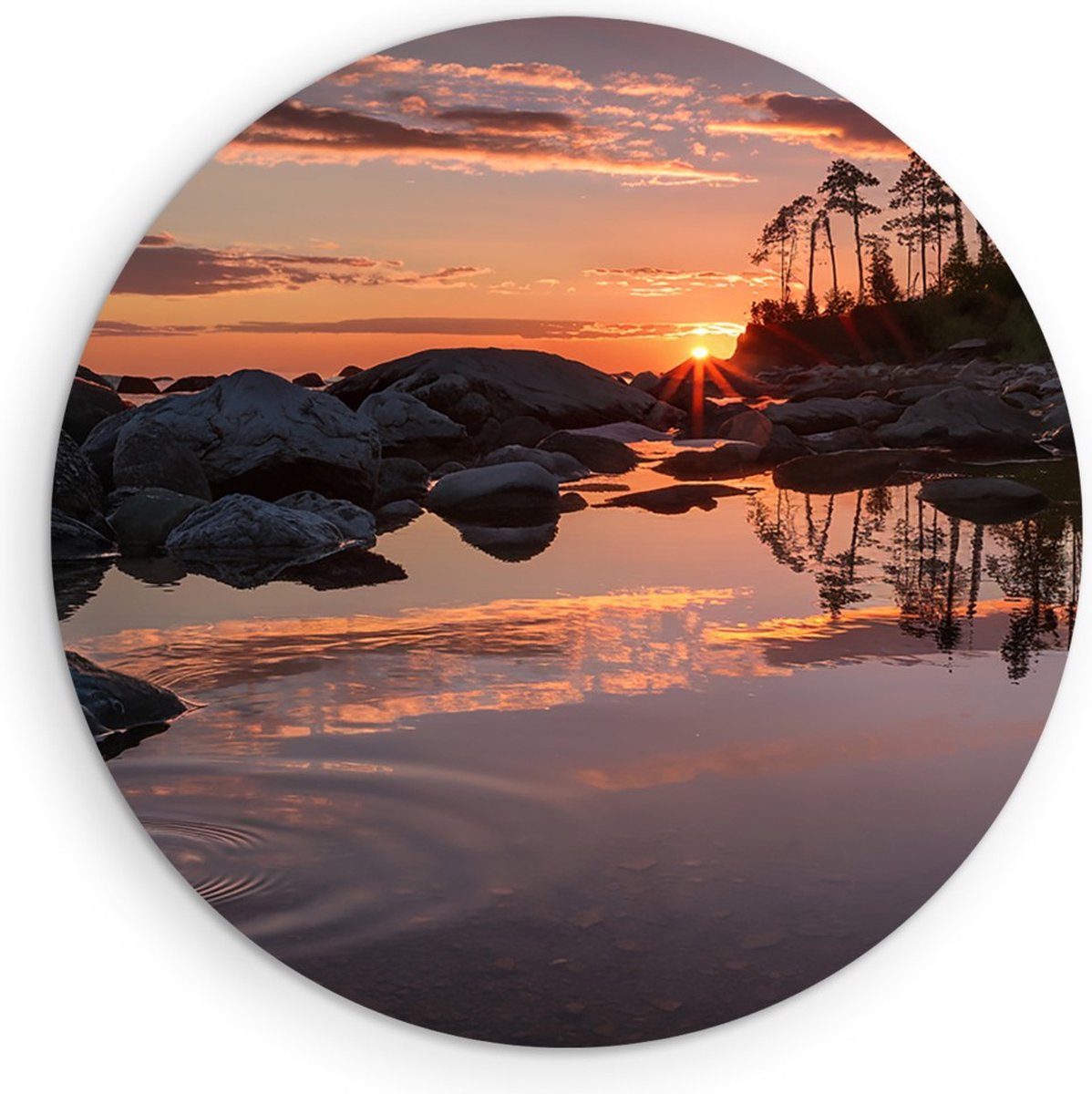Saammp Muurcirkel Hout - Zonsondergang - Stenen - Bomen - Landschap - Natuur - Ø 40 - Wandcirkel - Wanddecoratie Cirkel - Muurdecoratie Woonkamer - Slaapkamer decoratie - Rond Schilderij