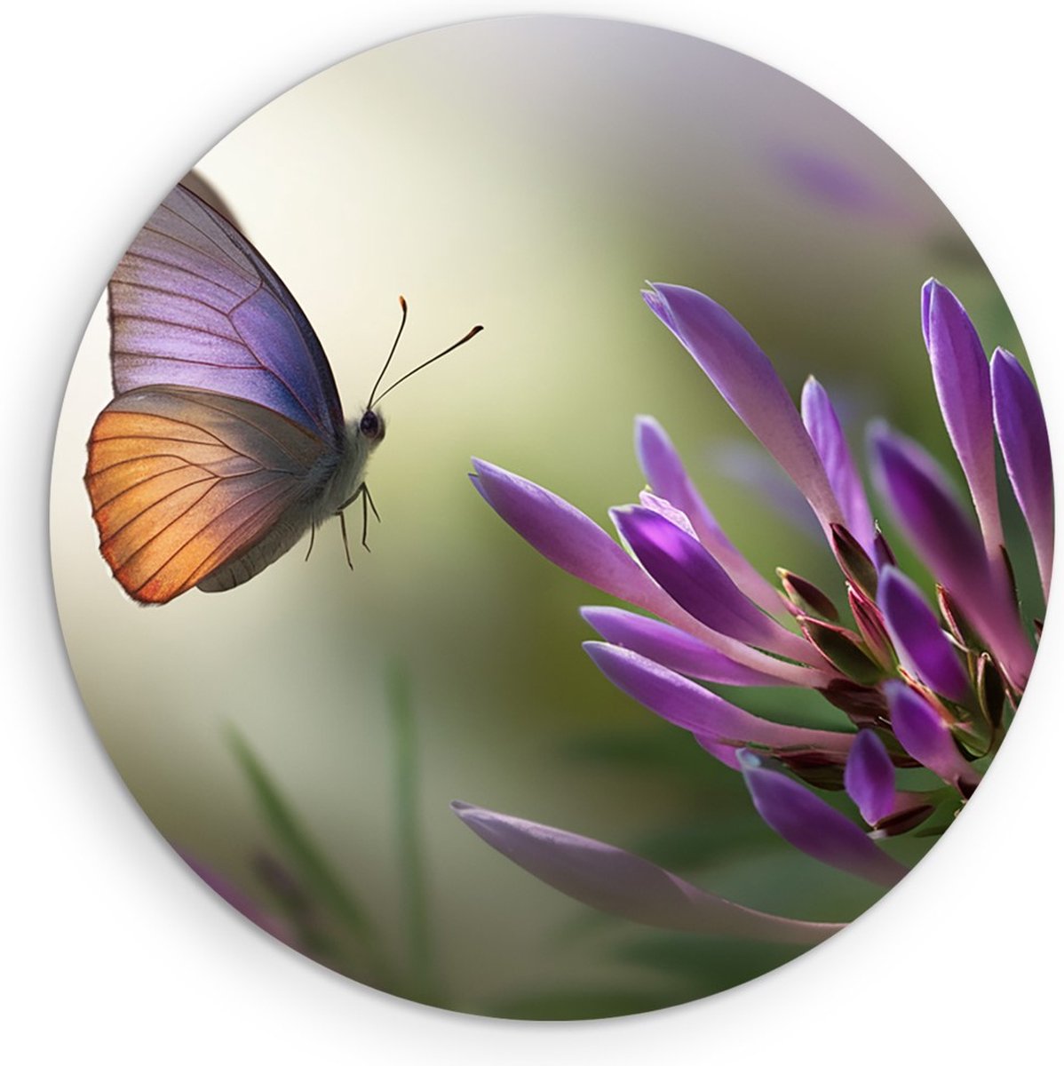 Saammp Forex Muurcirkel - Vlinder naar paarse bloem - Natuur - Dieren - Ø 60 - Wandcirkel - Wanddecoratie Cirkel - muurdecoratie Woonkamer - Slaapkamer decoratie - Rond Schilderij