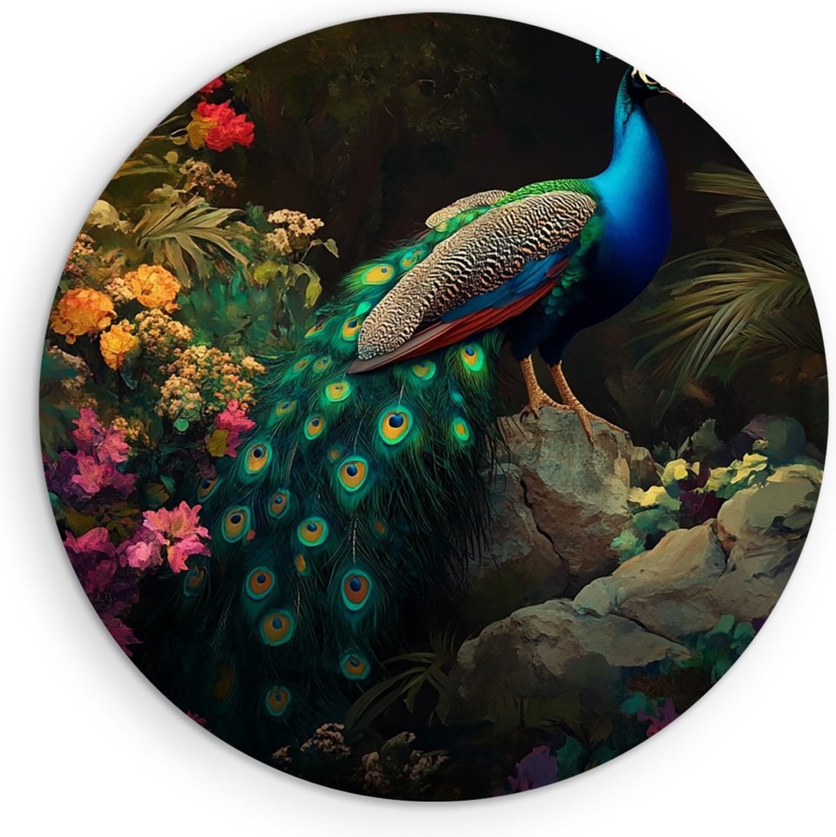 Saammp Forex Muurcirkel - Pauw tussen de gekleurde bloemen - Dieren - Natuur - Ø 30 - Wandcirkel - Wanddecoratie Cirkel - muurdecoratie Woonkamer - Slaapkamer decoratie - Rond Schilderij