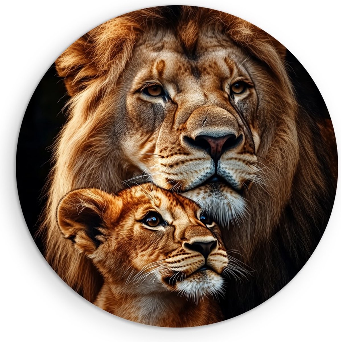 Saammp Forex Muurcirkel - Leeuw en welp bij elkaar - Dieren - Natuur - Ø 50 - Wandcirkel - Wanddecoratie Cirkel - Muurdecoratie Woonkamer - Slaapkamer decoratie - Rond Schilderij
