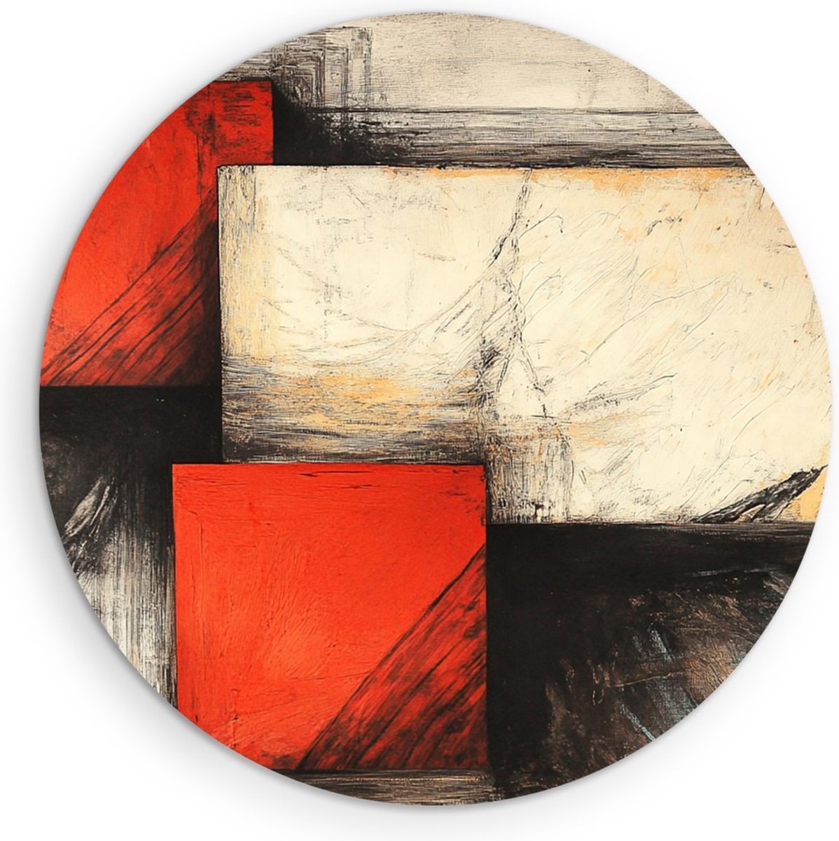 Saammp Forex Muurcirkel - Rood geblokt - Abstract kunstwerk - Ø 90 - Wandcirkel - Wanddecoratie Cirkel - Muurdecoratie Woonkamer - Slaapkamer decoratie - Rond Schilderij