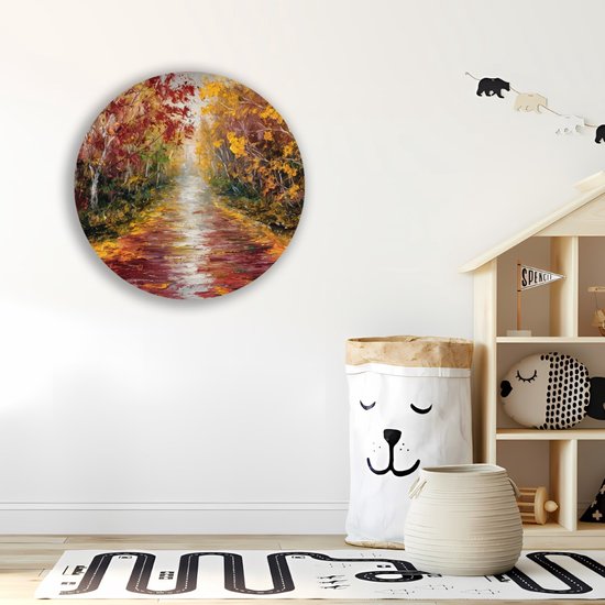 Saammp Muurcirkel Hout - Abstract Herfstachtig Bospad - Landschap - Natuur - Ø 30 - Wandcirkel - Wanddecoratie Cirkel - Muurdecoratie Woonkamer - Slaapkamer decoratie - Rond Schilderij