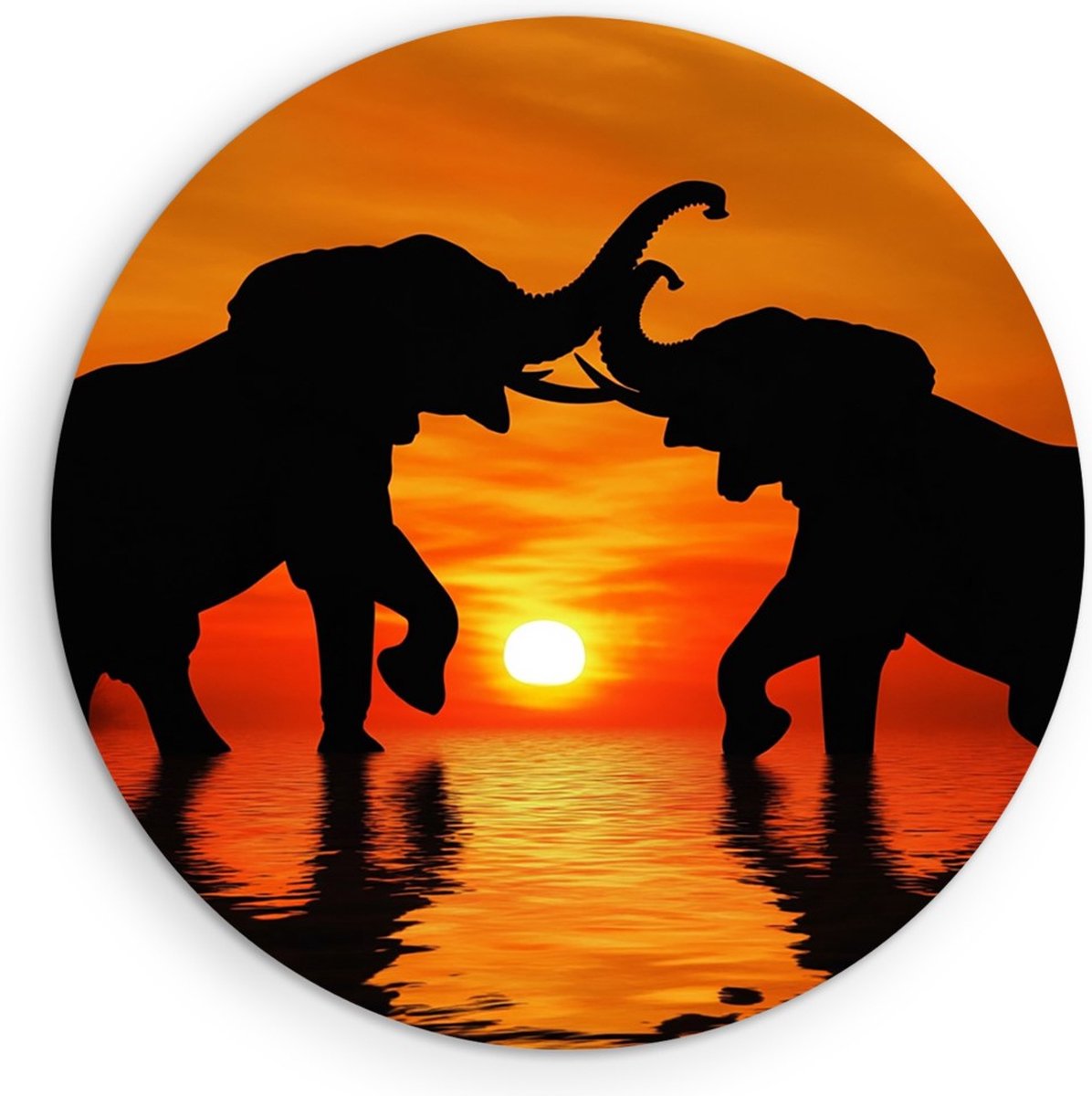 Saammp Muurcirkel Hout - Olifanten in zonsondergang - Silhouet - Dieren - Ø 70 - Wandcirkel - Wanddecoratie Cirkel - muurdecoratie Woonkamer - Slaapkamer decoratie - Rond Schilderij