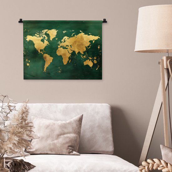 Wandkleed 60x45 cm - Wanddoek Wereldkaart - Groen - Goud - Wandtapijt - Wandkleden