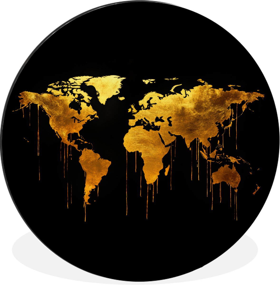 WallCircle Wandcirkel - Muurcirkel - Wereldkaart - Goud - Druipen - Zwart - Aluminium - Dibond - 90x90 cm - Binnen en Buiten