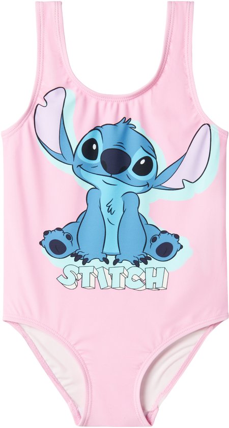 Lichtroze badpak met Stitch-print op de voorkant.