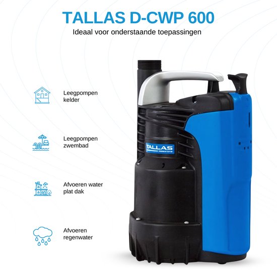 Zwarte en blauwe Tallas dompelpomp met draaggreep, naast iconen voor kelder, zwembad, plat dak en regenwater.
