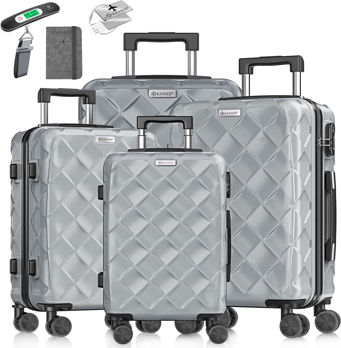 KESSER® Kofferset 4-delig | Reiskoffer met Wielen inclusief Paspoorthouder & kofferweegschaal & bagagelabel | Trolley Reiskofferset met groote Koffers & Handbagage / Ruimbagage - Iron Grey