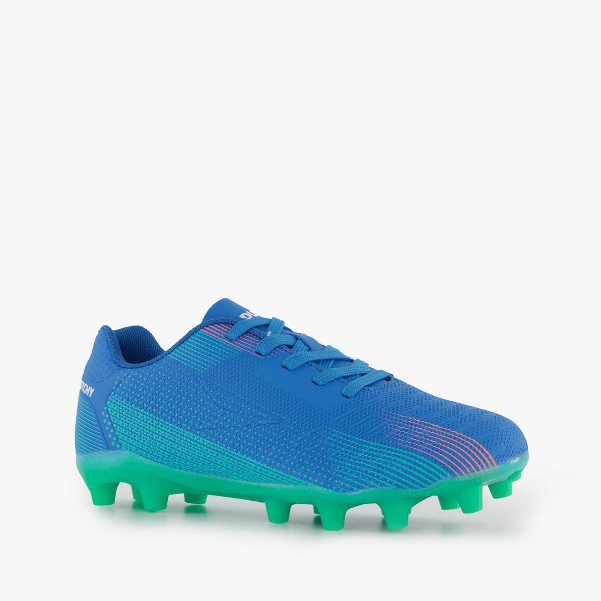 Blauwe Dutchy voetbalschoenen maat 36 met groene rubberen FG zool en imitatieleer bovenwerk voor jongens.