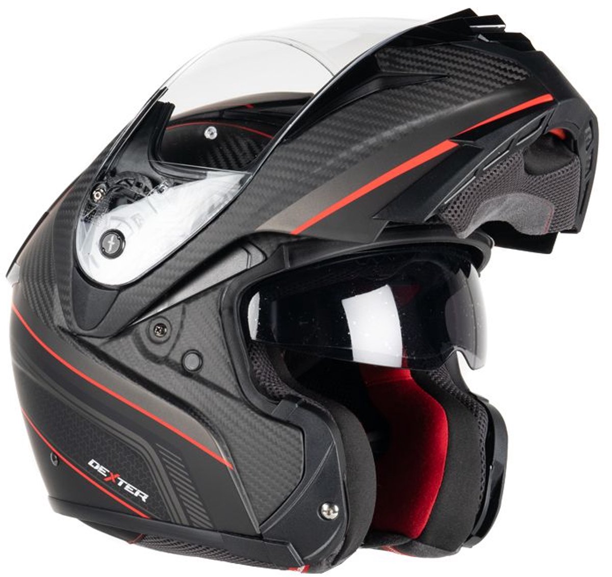 MOTOBLOUZ ADRON CARBON DECAL MAT 22.06 Systeemhelm - Motorhelm ECE 22.06 Gekeurd - Scooterhelm & Brommerhelm - Heren & Dames - Mat koolstofzwart/rood - M
