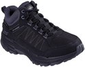 Zwarte mid-cut wandelschoen met grijze mesh, veters en details. Tekst 'WATERPROOF' en 'GO TRAIL'.
