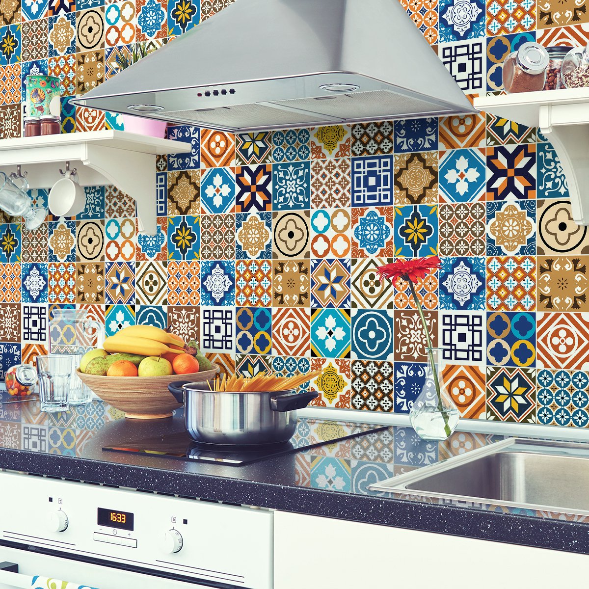 Ambiance Sticker Muurstickers - Zelfklevende tegelmuurstickers voor keuken en badkamer - 30 Grenadia tegelstickers - 30 stickers 15x15cm Multi color