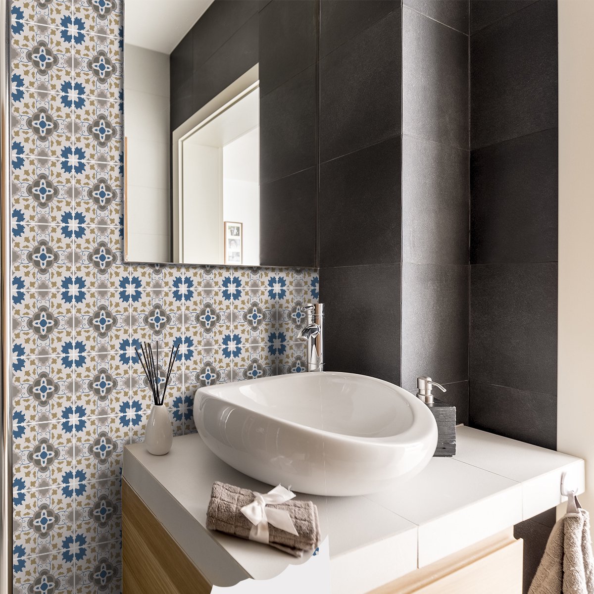 Ambiance Sticker Zelfklevende tegelmuurstickers voor keuken en badkamer - 24 cementtegelstickers, Azulejos Luizia Design - 24 stickers, 20x20cm Multi color