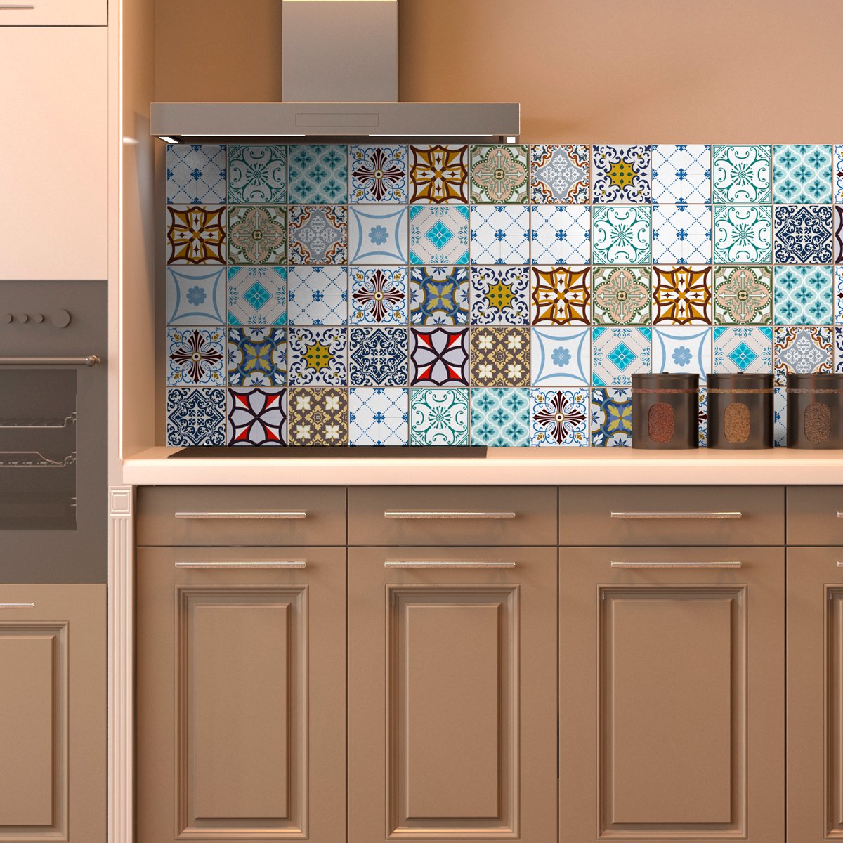 Ambiance Sticker Zelfklevende tegelmuurstickers voor keuken en badkamer - 16 artistieke Azulejo mozaïektegelstickers - 16 stickers, 20x20cm Multi color