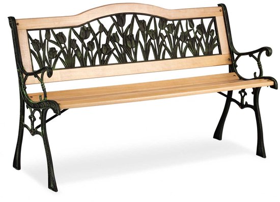 Houten parkbank met een rugleuning met sierlijk groen gietijzeren tulpenmotief en zwarte metalen poten.