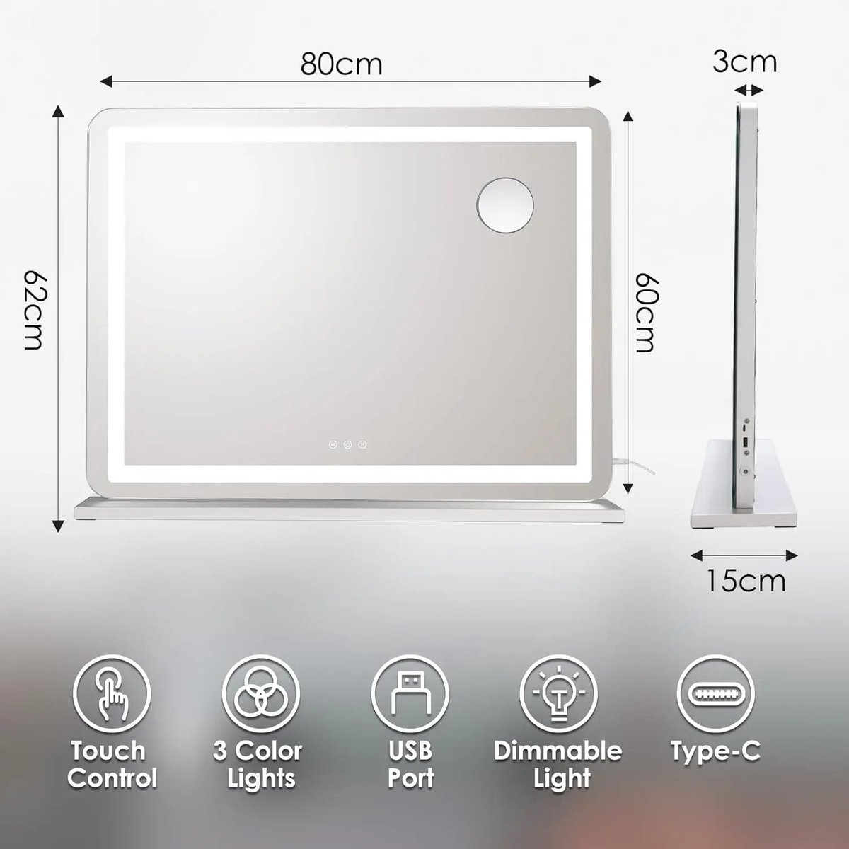 DeXeM - Make-upspiegel met verlichting - 80 x 60 cm - grote Hollywood-spiegel met USB en Type C - 10x vergrootglas - 3 kleurtemperaturen - make up spiegel met verlichting
