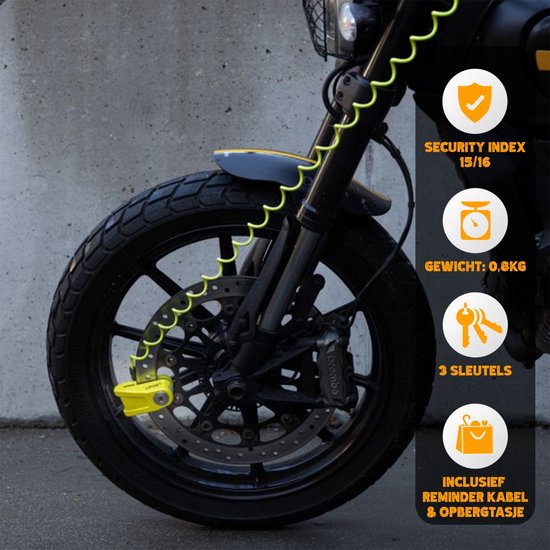 VINZ Baretti ART 4 Schijfremslot / Motorslot - Incl. Tasje & Reminderkabel - Goedgekeurd voor de verzekering van Motoren, Scooters, etc - 3 sleutels - Remschijfslot - Geel van VINZ — afbeelding 4