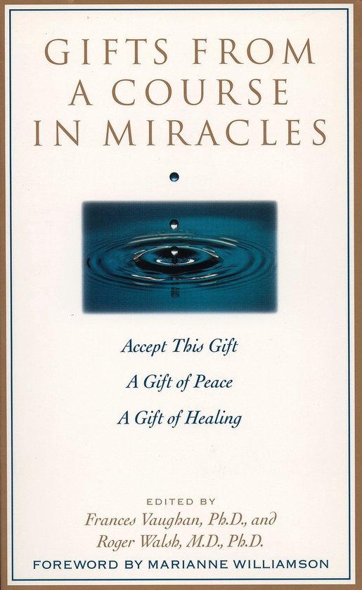 Couverture de livre 'Gifts From A Course In Miracles'. Gouttes d'eau dans de l'eau bleue. Acceptez ce cadeau, un cadeau de paix, un cadeau de guérison.