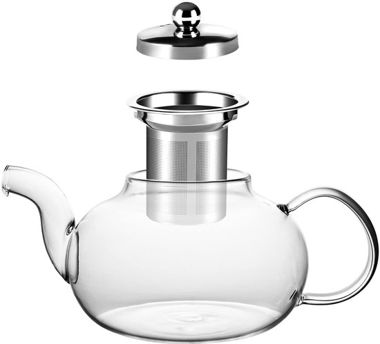 Jauhmui Glazen theepot van 900 ml met zeef, anti-verbrandingsgreep en glazen deksel, gehamde spuitpot voor losse thee, fornuis en elektrisch fornuis