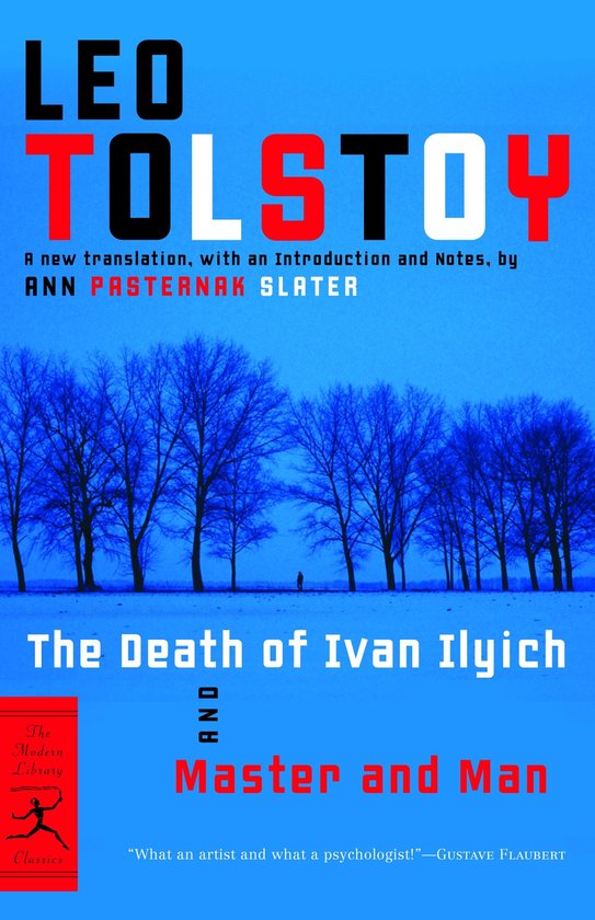 Boek 'The Death of Ivan Ilyich and Master and Man' door Leo Tolstoy, met een illustratie van kale bomen in de sneeuw.
