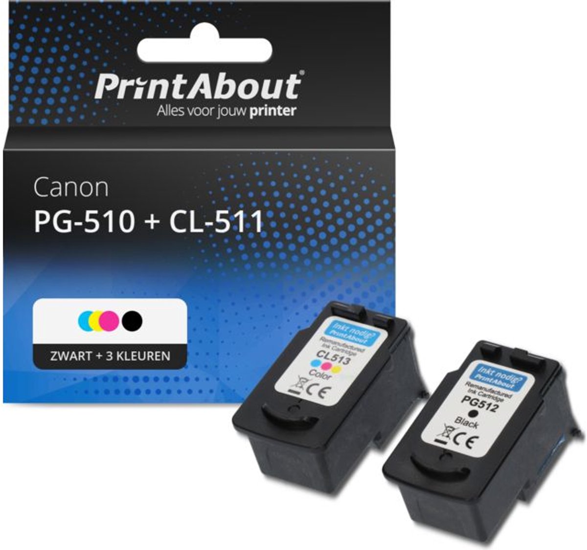 PrintAbout huismerk Inktcartridge PG-510 + CL-511 Zwart + 3 kleuren Multipack geschikt voor Canon