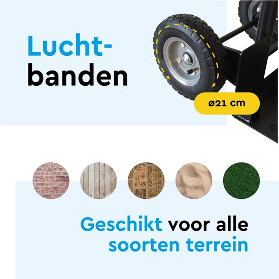 Luchtbanden van een steekwagen, 21 cm doorsnee. Geschikt voor alle terreinen.