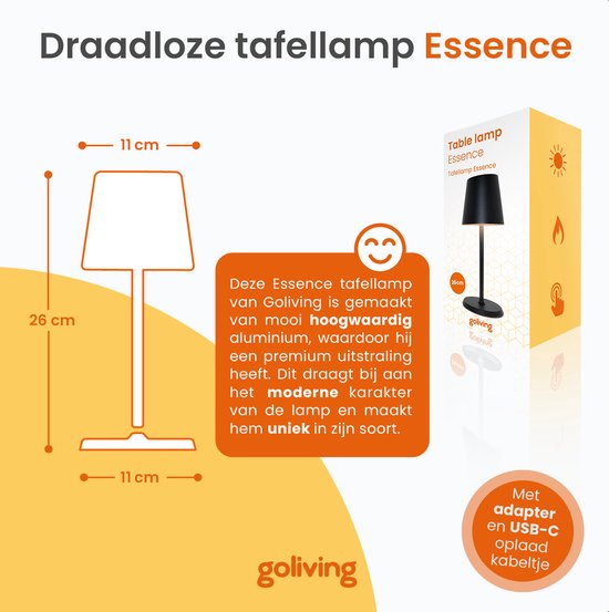 Goliving Lampe de Table Rechargeable - Sans Fil et dimmable - Lampe Tactile Moderne - Lampe de Nuit Chambre - 26 cm - Noir