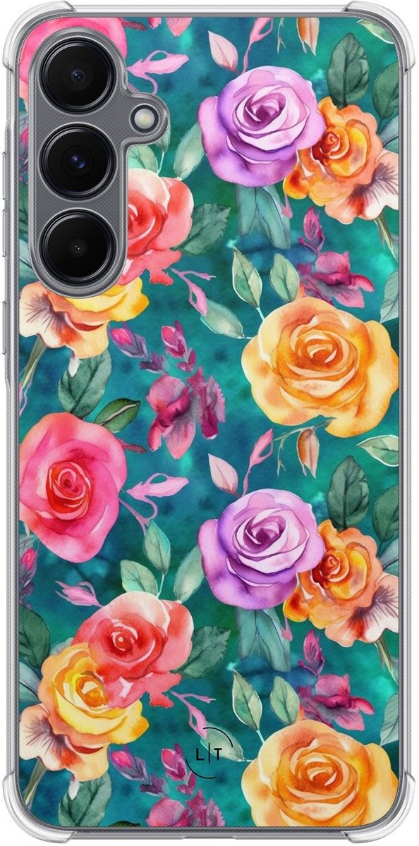 Shockproof hoesje - Geschikt voor Samsung Galaxy A15 - Rozen - Extra sterke case - TPU/polycarbonaat - Bloemen - Multi, Transparant