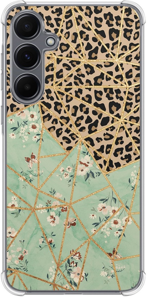 Shockproof hoesje - Geschikt voor Samsung Galaxy A15 - Luipaard bloemen print - Extra sterke case - TPU/polycarbonaat - Print / Illustratie - Multi, Transparant