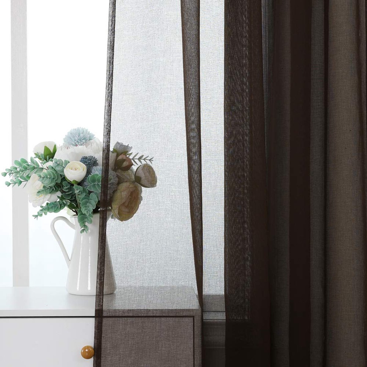 My Ninki ® Set van 2 Transparante Voile Gordijnen voor Woon- en Slaapkamer, Luchtig Modern Design, 140 x 280 cm, Chocolade Kleur