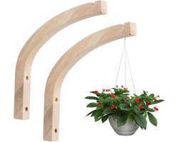 Verpakking van 2 wandmontage hangende manden van hout, plantenbak hangende muurhaken, houten plantenhanger voor binnen, aan de muur gemonteerde hangende plantenhaken voor plantenbakken, lantaarns