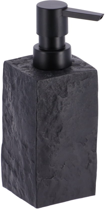 Zwarte zeepdispenser met steenstructuur en zwarte pomp.