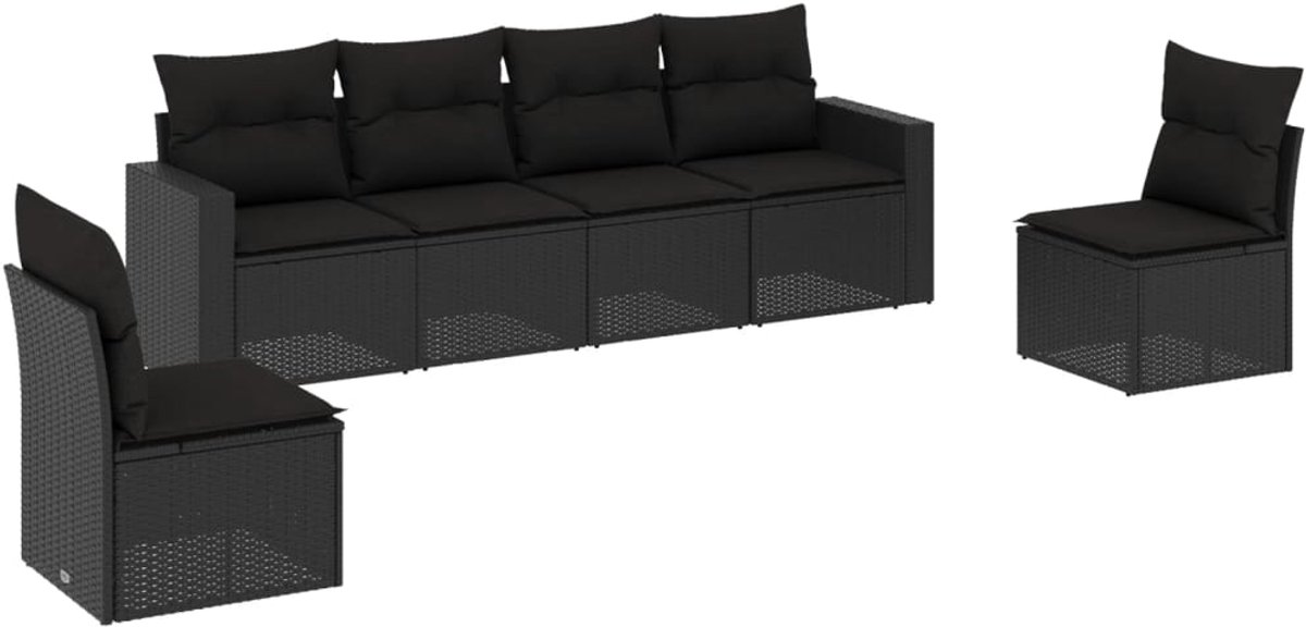 Zwarte poly rattan loungeset met kussens voor tuin- en buiteninrichting.