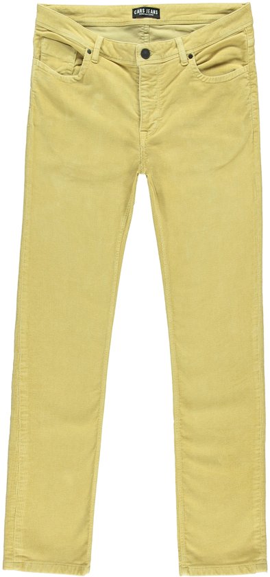 Voorkant van een gele corduroy broek met riemlussen, knoopsluiting en zakken.