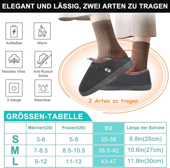 Zwarte, casual pantoffels voor dames en heren, met aanpasbaar elastisch bandje, warmte- en anti-slipzool. Twee manieren om te dragen, wasbaar, met 3 standen. Verkrijgbaar in S, M, L.